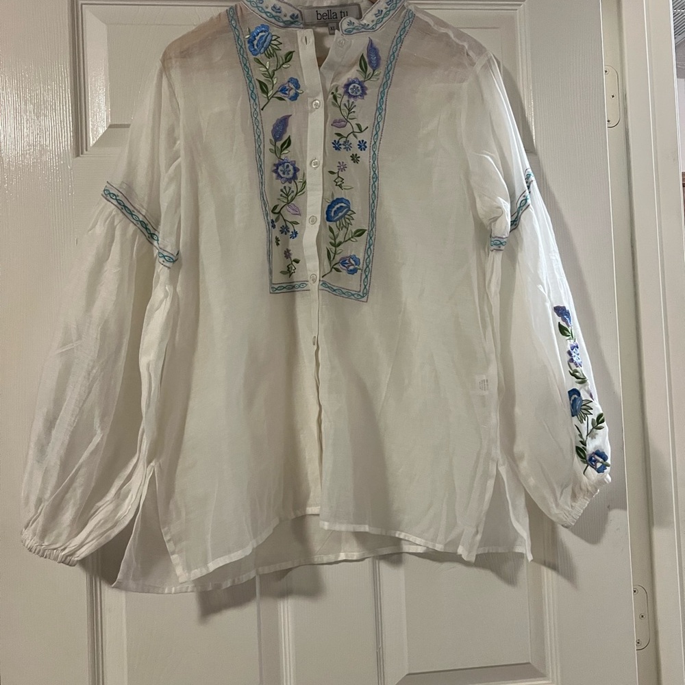 Bella Tu White Blouse with Blue Floral Embroidery